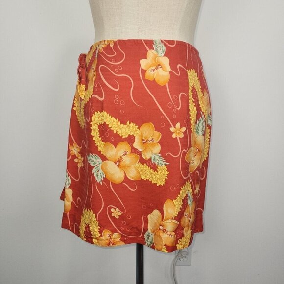 Tommy Bahama Silk Wrap Skirt M Red Hibiscus Floral Mini Hawaiian Lei Aloha Beach - Picture 3 of 9